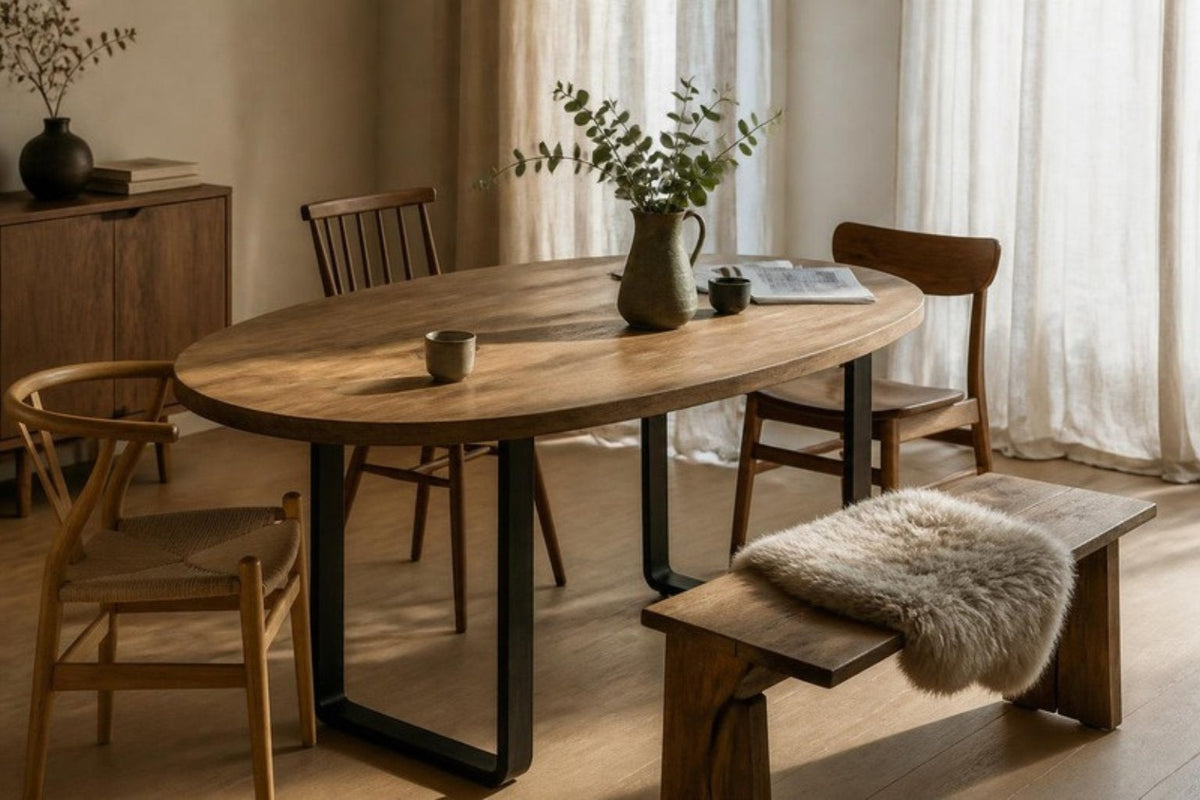 Deens ovale houten eettafel in een rustige Scandinavische eetkamer