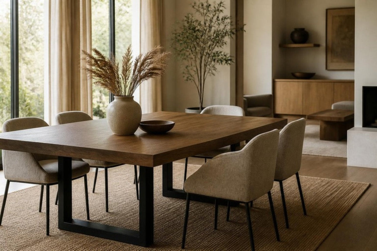 Lichte eetkamer met een massief houten eettafel en linnen stoelen