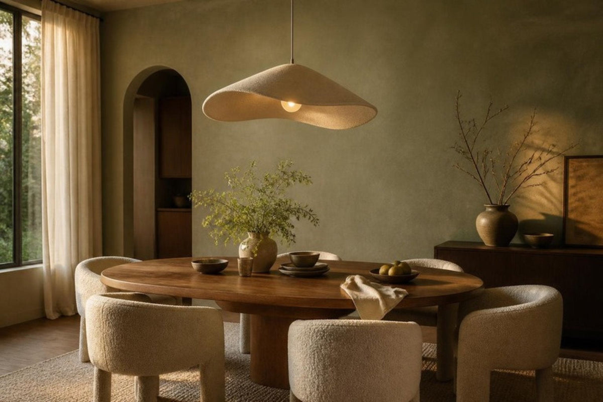 Eetkamer met ovale houten eettafel en ronde stoelen onder een hanglamp in avondlicht