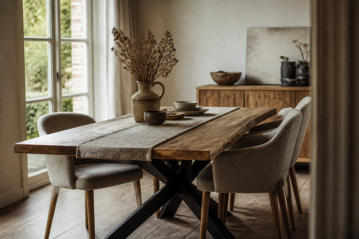 Lichte eetkamer met een massief houten eettafel en linnen stoelen
