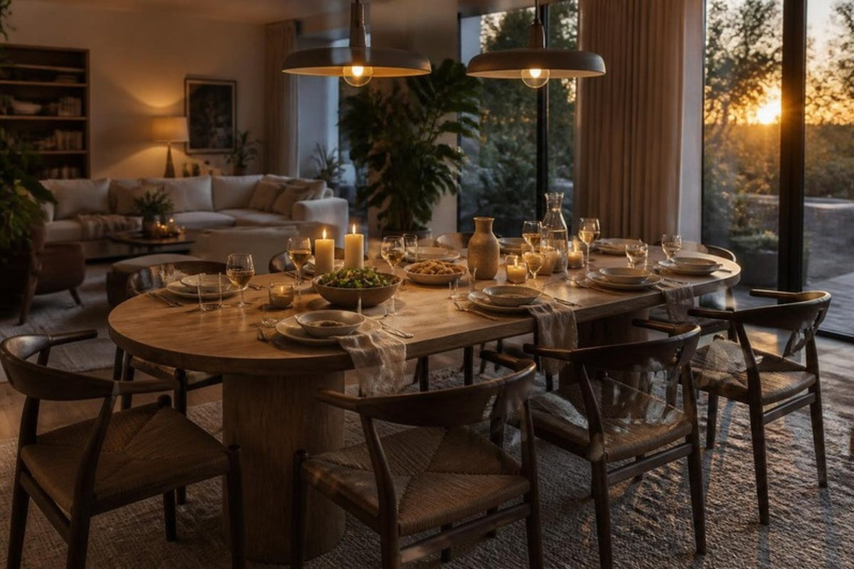 Ovale houten eettafel gedekt voor een diner met vrienden