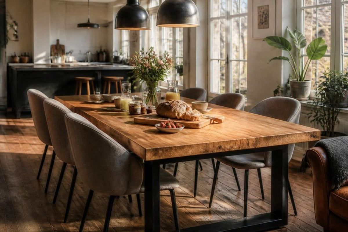Rechthoekige houten eettafel gedekt voor het ontbijt in een leefkeuken