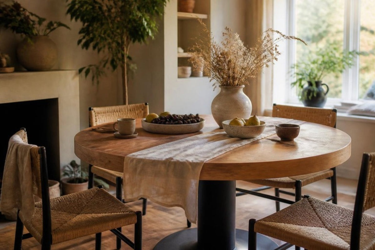 Ronde houten eettafel in een lichte eethoek bij het raam